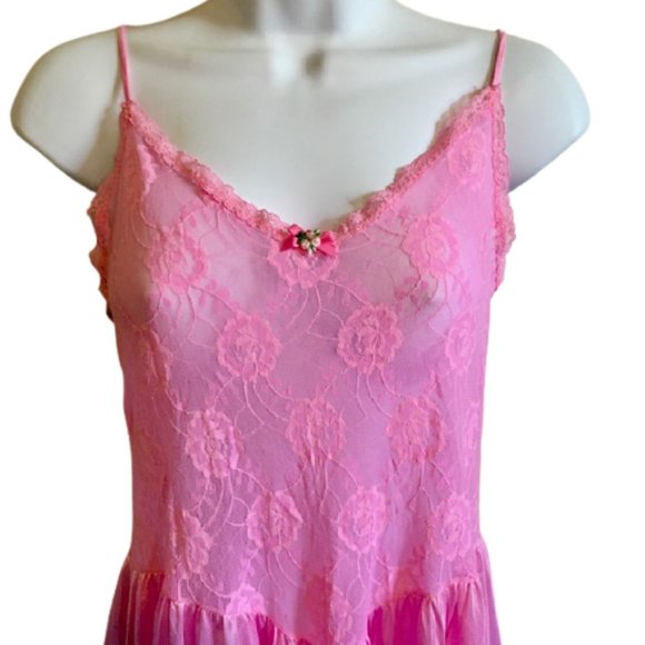 Cine Star Nightgown Vintage 70s Pink Lace Medium - Picture 2 of 7